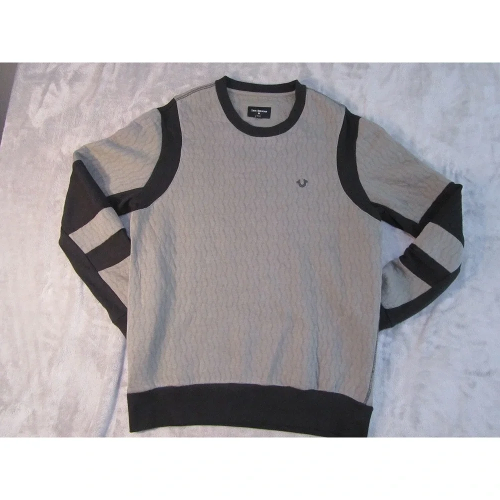 True Religion Mens Grey Quilted Crewneck Sweatshirt Black Contrast Large